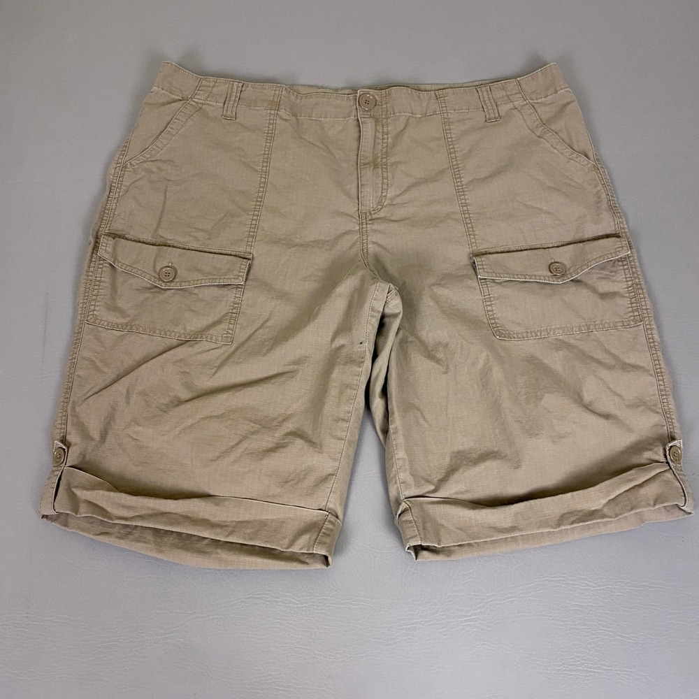 Venezia Cargo Shorts Womens Plus Size 22 Khaki Tan Cotton Ripstop Roll Tab *Flaw